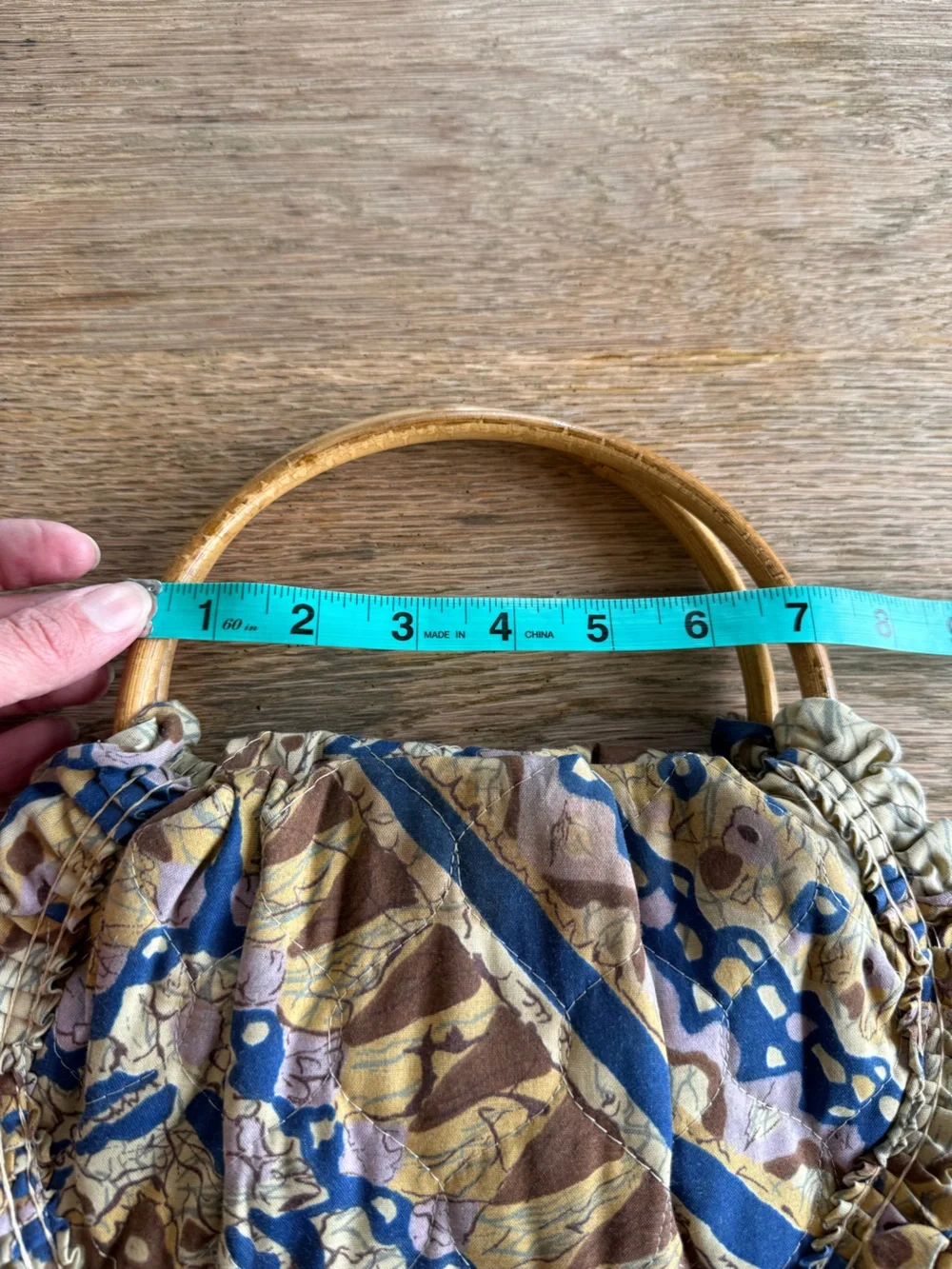 Handmade Vntg Quilted Ruffle Handbag Bamboo Ring Handles Boho Cottagecore Purse